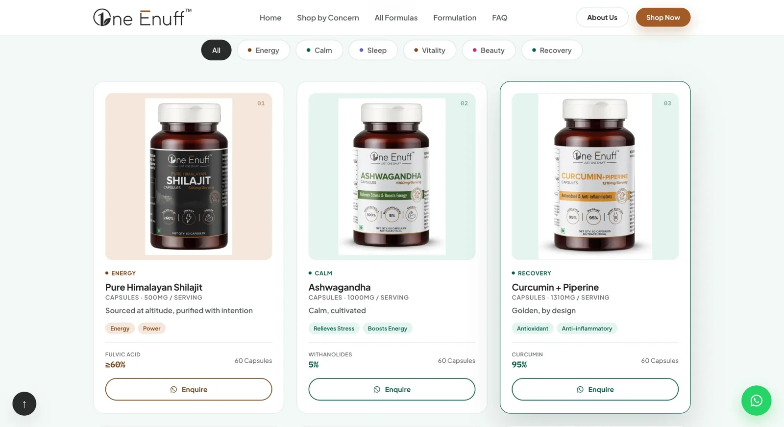 One Enuff formula collection with product cards